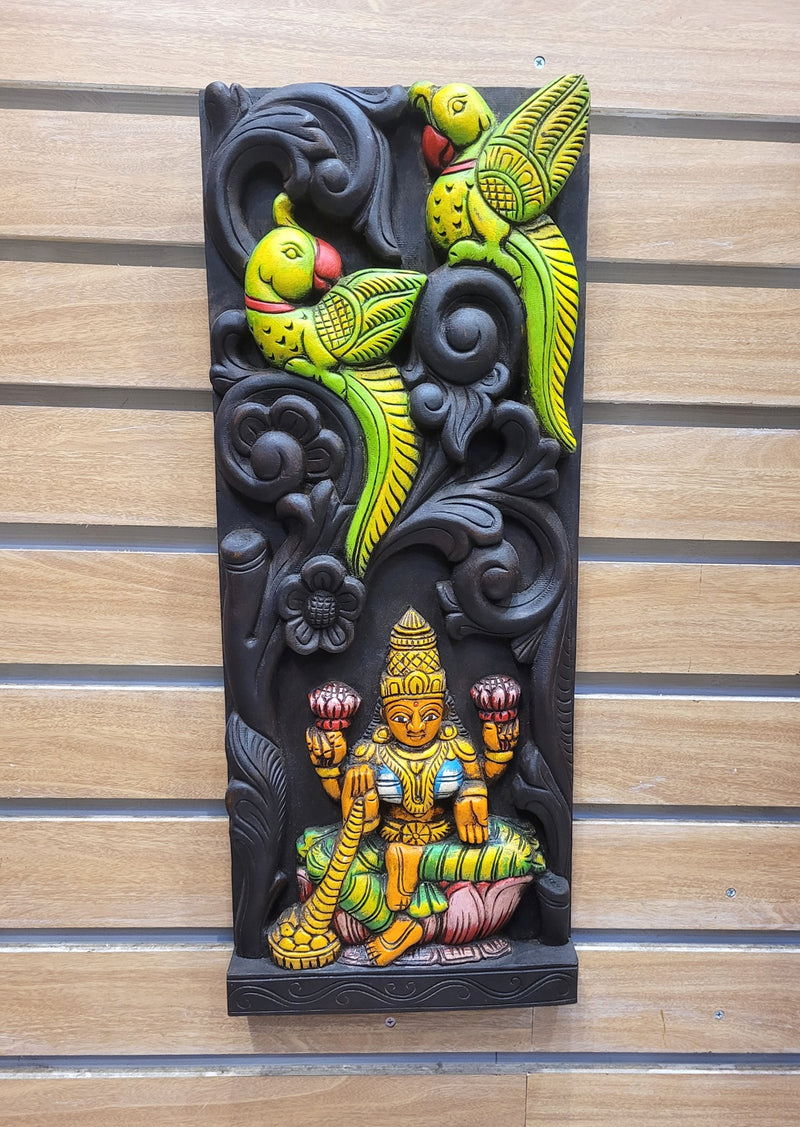Goddess Lakshmi and 2 Parrot Wooden Wall Panel Mahogany Wood Carving Wall Frame Hanging Decor Traditional Chettinad Indian Handicrafts (24H x 9.5L x 2W Inches)