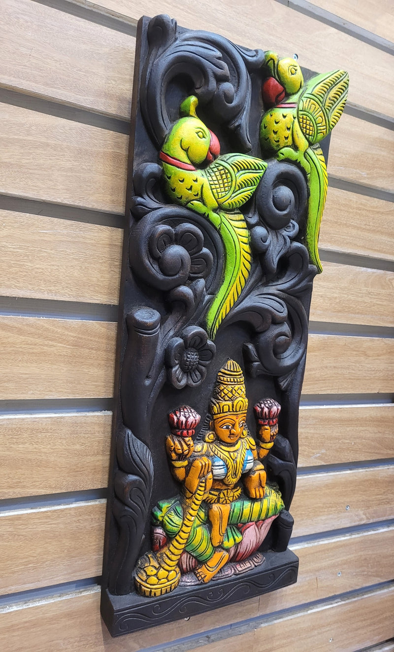 Goddess Lakshmi and 2 Parrot Wooden Wall Panel Mahogany Wood Carving Wall Frame Hanging Decor Traditional Chettinad Indian Handicrafts (24H x 9.5L x 2W Inches)