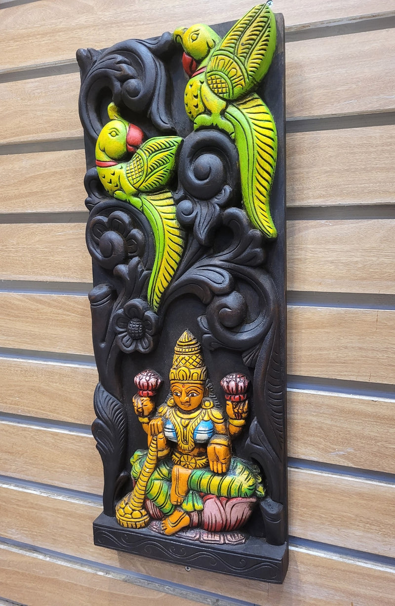Goddess Lakshmi and 2 Parrot Wooden Wall Panel Mahogany Wood Carving Wall Frame Hanging Decor Traditional Chettinad Indian Handicrafts (24H x 9.5L x 2W Inches)