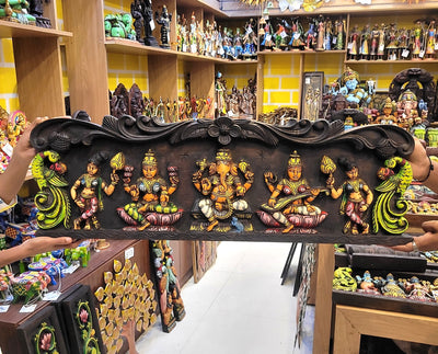 Wood carving Ganesha Lakshmi Saraswathi With Double Parrot Wooden Wall Panel 36 Inch Wall Hanging  Vagai Wood Carving Traditional Chettinad Indian Handicrafts (12H x 36L x 2W Inches)