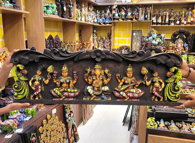 Wood carving Ganesha Lakshmi Saraswathi With Double Parrot Wooden Wall Panel 36 Inch Wall Hanging  Vagai Wood Carving Traditional Chettinad Indian Handicrafts (12H x 36L x 2W Inches)