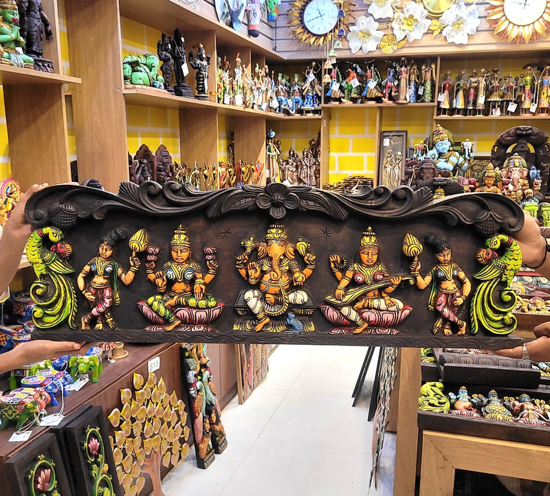 Wood carving Ganesha Lakshmi Saraswathi With Double Parrot Wooden Wall Panel 36 Inch Wall Hanging  Vagai Wood Carving Traditional Chettinad Indian Handicrafts (12H x 36L x 2W Inches)