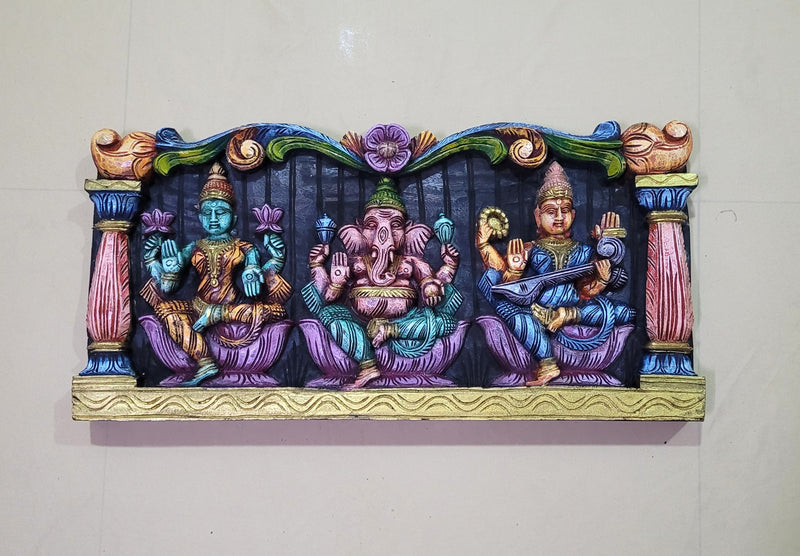 Lakshmi Ganesha Saraswathy Wooden Wall Panel Frame 24 Inch Wall Hanging Design 1 Mahogany Wood Carving Traditional Chettinad Indian Handicrafts (12 H x 24 L x 2 W inches)