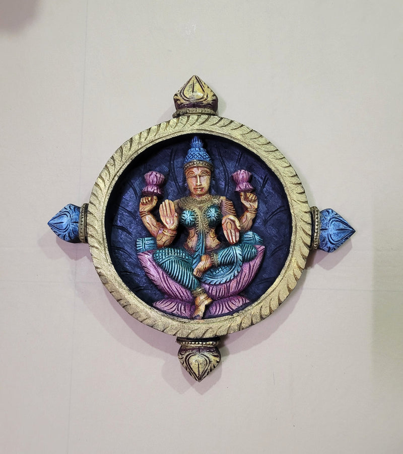 Goddess Lakshmi Round Wall Panel Frame Pooja Idol Wall Handing Mahogany Wood Carving Traditional Chettinad Indian Handicrafts (16 H x 16 L x 2 W inches)