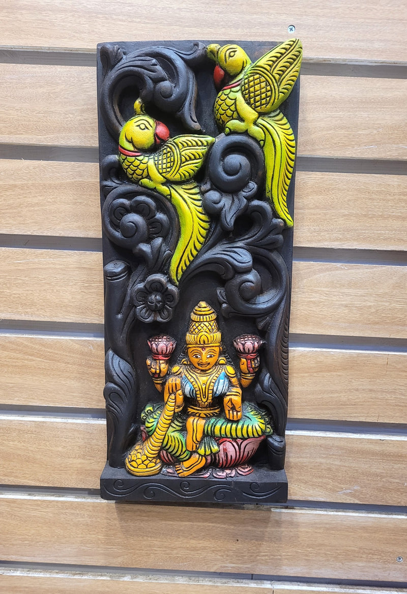 Goddess Lakshmi and 2 Parrot Wooden Wall Panel Mahogany Wooden Carving Wall Frame Hanging Decor Traditional Chettinad Indian Handicrafts (18H x 8L x 2W Inches)