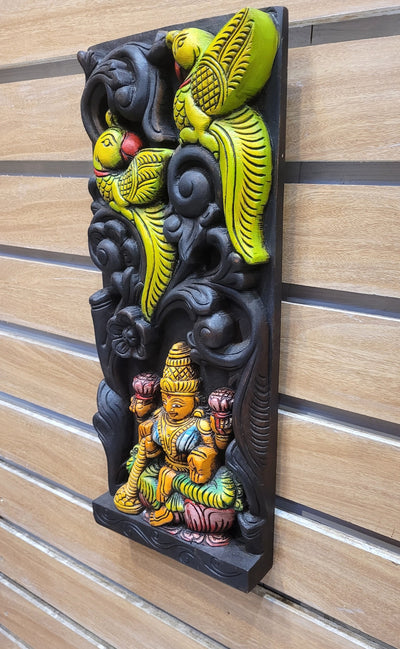 Goddess Lakshmi and 2 Parrot Wooden Wall Panel Mahogany Wooden Carving Wall Frame Hanging Decor Traditional Chettinad Indian Handicrafts (18H x 8L x 2W Inches)