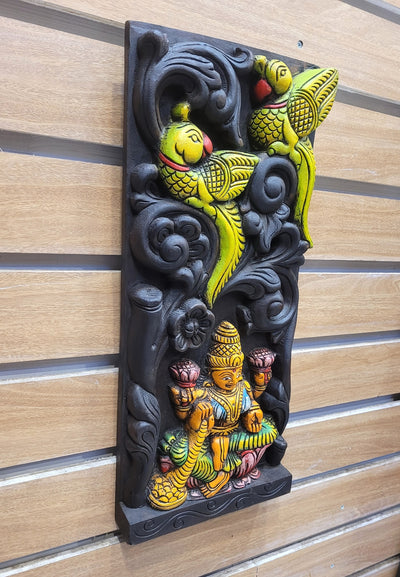 Goddess Lakshmi and 2 Parrot Wooden Wall Panel Mahogany Wooden Carving Wall Frame Hanging Decor Traditional Chettinad Indian Handicrafts (18H x 8L x 2W Inches)