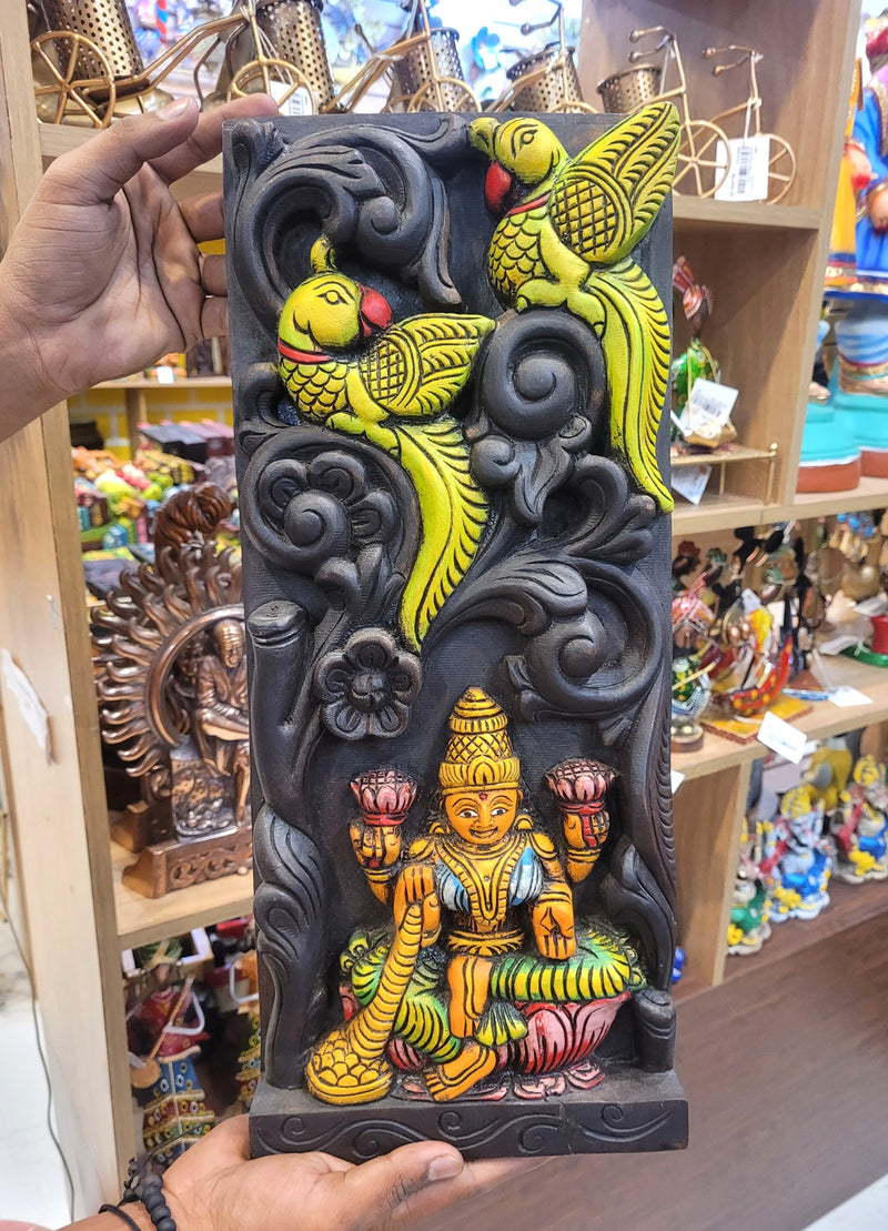 Goddess Lakshmi and 2 Parrot Wooden Wall Panel Mahogany Wooden Carving Wall Frame Hanging Decor Traditional Chettinad Indian Handicrafts (18H x 8L x 2W Inches)