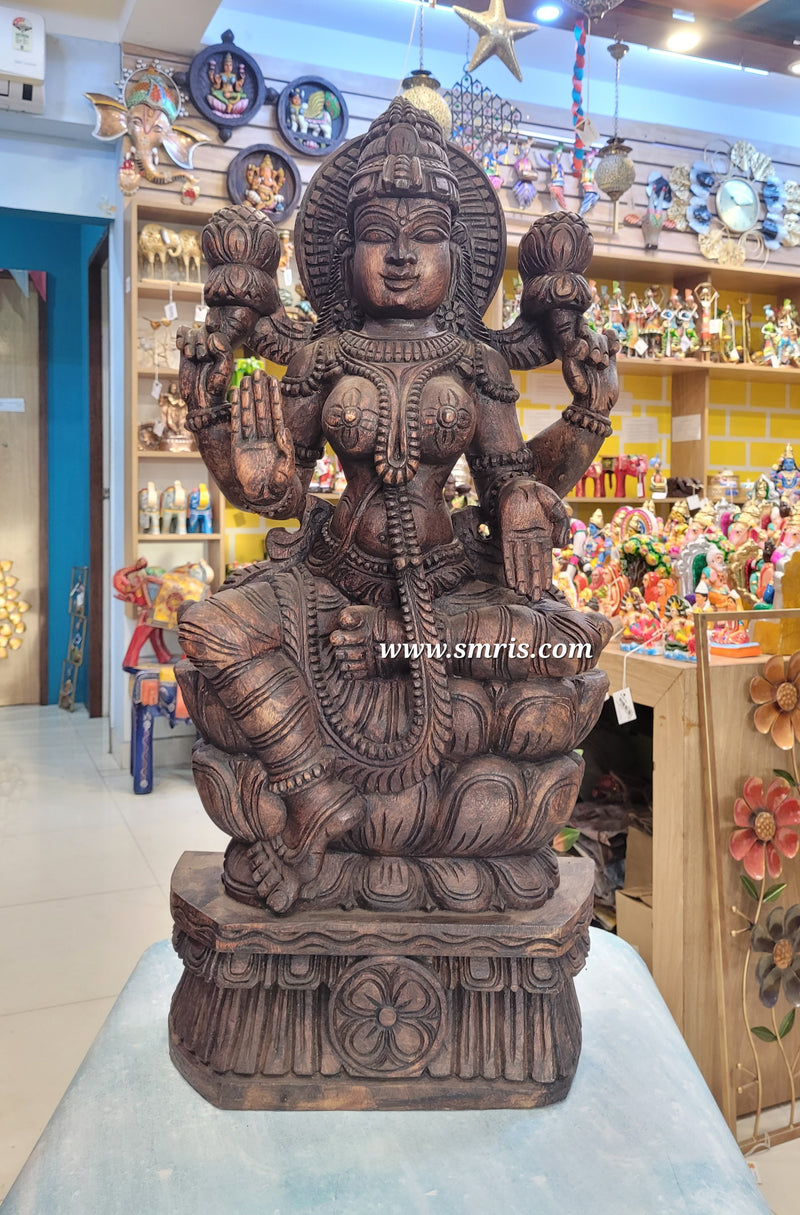 Goddess Lakshmi Wooden Statue Sculpture Idol Rosewood Colour 36 Inch Design 1 Vaagai Wooden Carving Pooja Idol Table Decor Traditional Chettinad Indian Handicrafts (36H x 17L x 7W Inches)