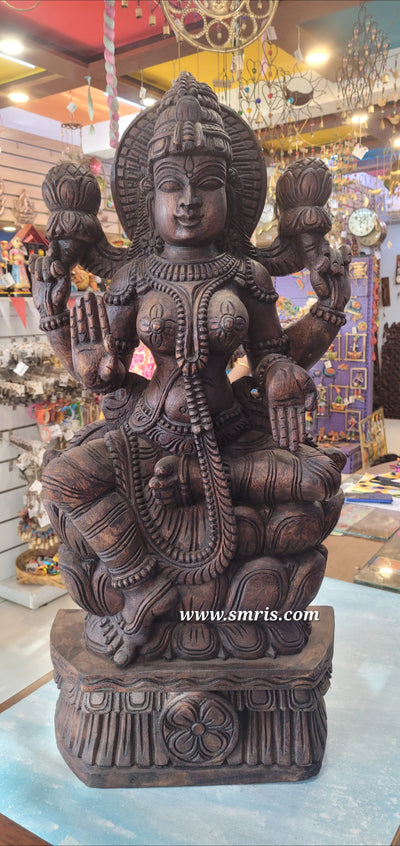 Goddess Lakshmi Wooden Statue Sculpture Idol Rosewood Colour 36 Inch Design 1 Vaagai Wooden Carving Pooja Idol Table Decor Traditional Chettinad Indian Handicrafts (36H x 17L x 7W Inches)