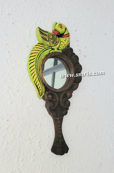 Parrot Handle Mirror wall decor Left Side Chettinad Wooden Carving Mahogany Wood Frame Traditional Indian Handicrafts (17 H x 7.5 L x 1.5 W inches)