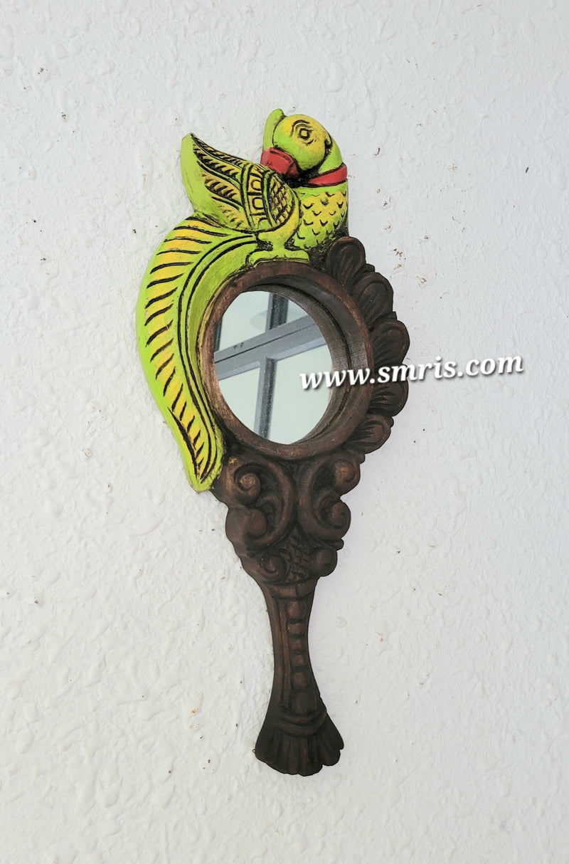 Parrot Handle Mirror wall decor Left Side Chettinad Wooden Carving Mahogany Wood Frame Traditional Indian Handicrafts (17 H x 7.5 L x 1.5 W inches)