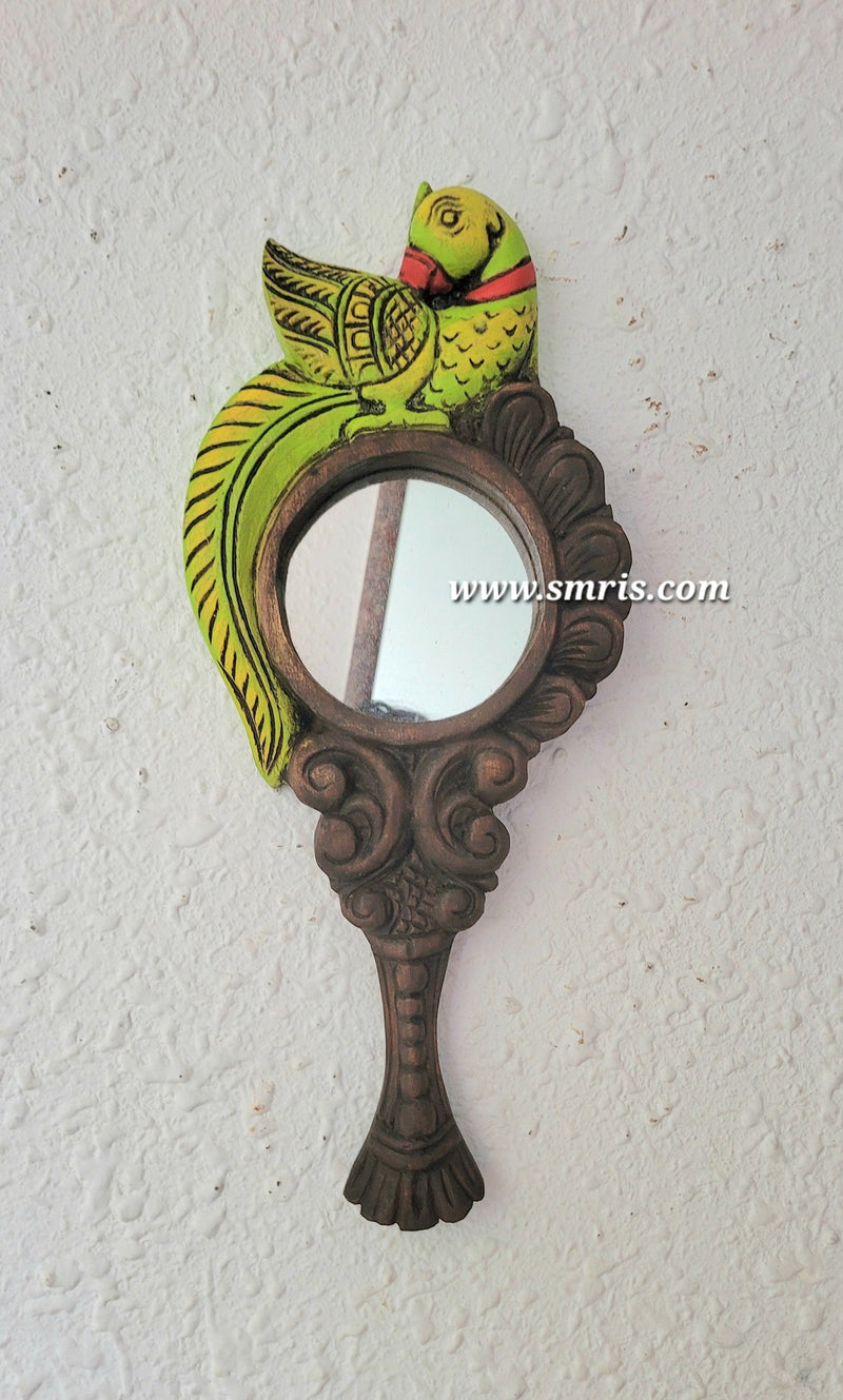 Parrot Handle Mirror wall decor Left Side Chettinad Wooden Carving Mahogany Wood Frame Traditional Indian Handicrafts (17 H x 7.5 L x 1.5 W inches)