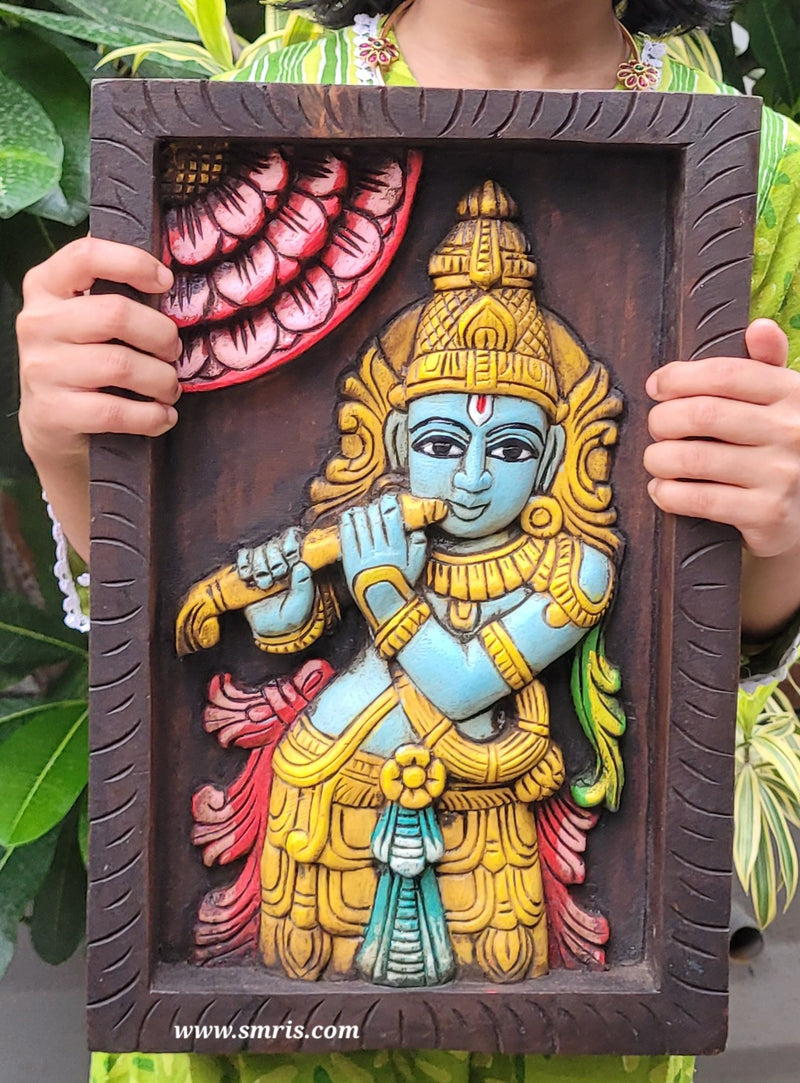 Lord Krishna Playing Flute Wooden Wall Panel Frame 15 Inch Wall Hanging Mahogany Wood Carving Puja Room Decor Traditional Chettinad Indian Handicrafts (15 H x 10 L x 2 W Inches)