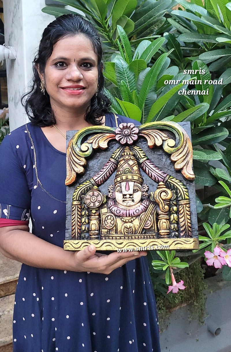 Lord Balaji / Venkateshwara / Perumal Wall Frame Wall Wooden Carving Hanging Decor Traditional Indian Handicrafts ( 12 H * 12 L * 2 W ) inches
