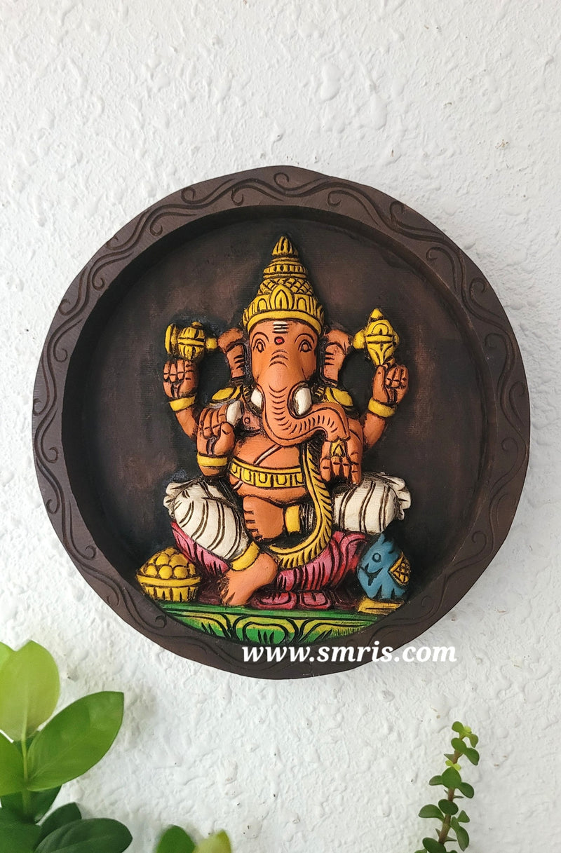 Lord Ganesha Round Wall Panel Frame Wooden Carving Pooja Room Decor Entrance Door Decor Traditional Indian Handicrafts ( 12 H * 12 L * 2 W ) Inches