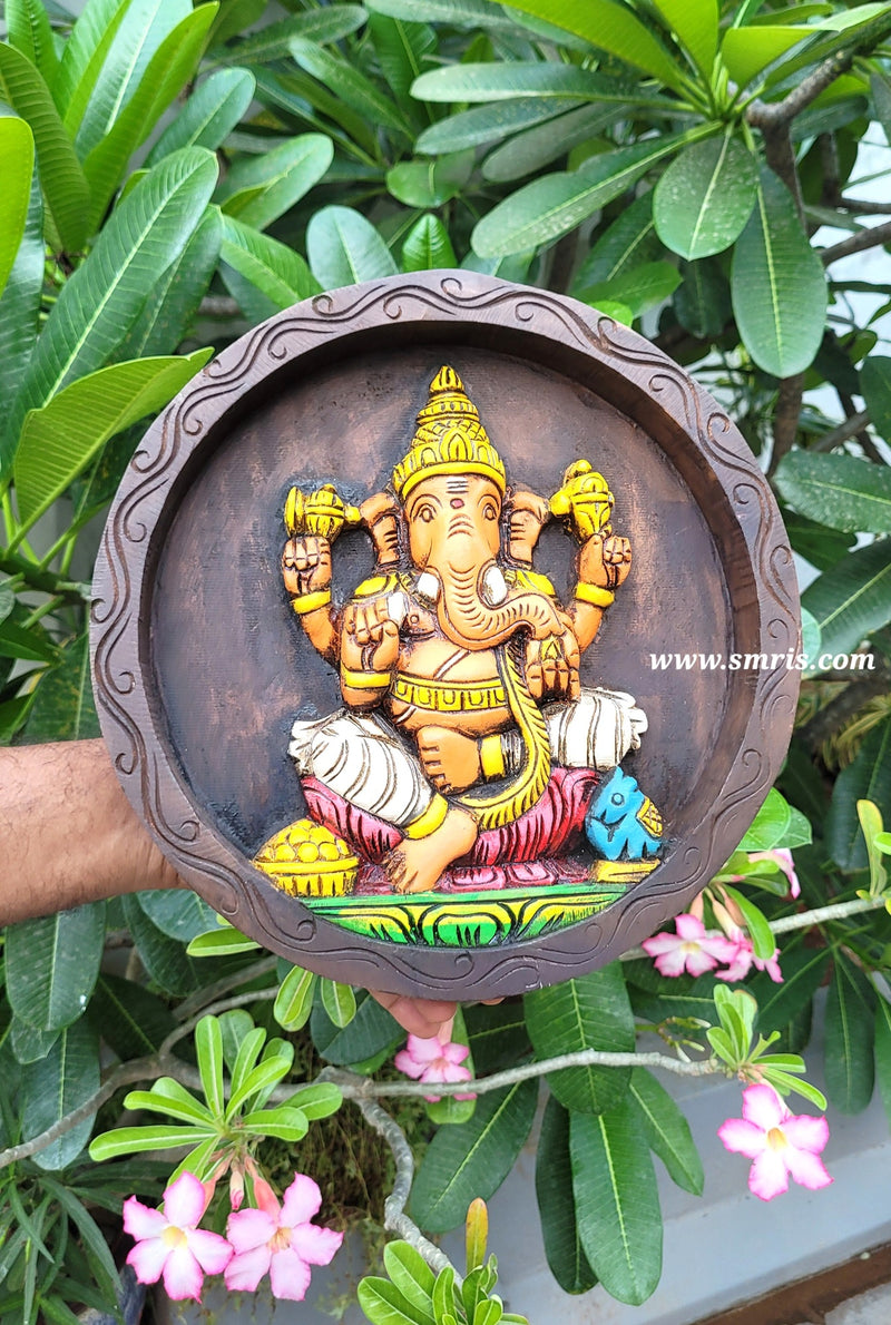 Lord Ganesha Round Wall Panel Frame Wooden Carving Pooja Room Decor Entrance Door Decor Traditional Indian Handicrafts ( 12 H * 12 L * 2 W ) Inches
