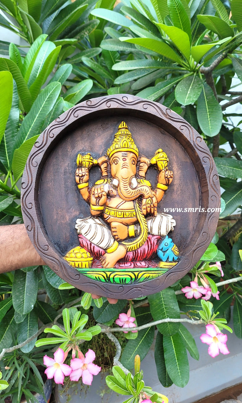 Lord Ganesha Round Wall Panel Frame Wooden Carving Pooja Room Decor Entrance Door Decor Traditional Indian Handicrafts ( 12 H * 12 L * 2 W ) Inches