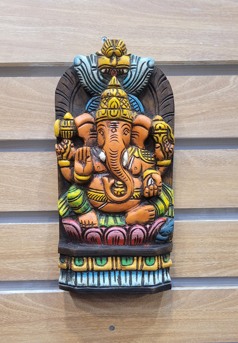 Lord Ganesha on Lotus Wall Panel Hanging Mahogany Wood Carving Decor Traditional Indian Handicrafts (12H x 6L x 2W Inches)