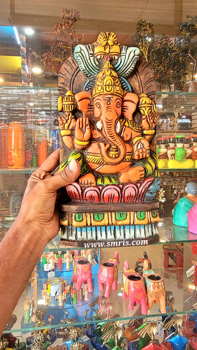 Lord Ganesha on Lotus Wall Panel Hanging Mahogany Wood Carving Decor Traditional Indian Handicrafts (12H x 6L x 2W Inches)