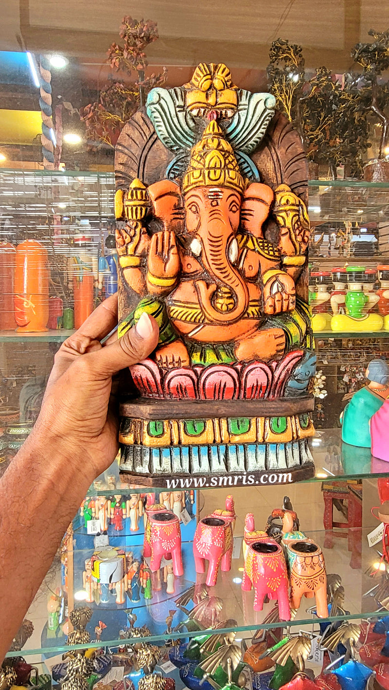 Lord Ganesha on Lotus Wall Panel Hanging Mahogany Wood Carving Decor Traditional Indian Handicrafts (12H x 6L x 2W Inches)