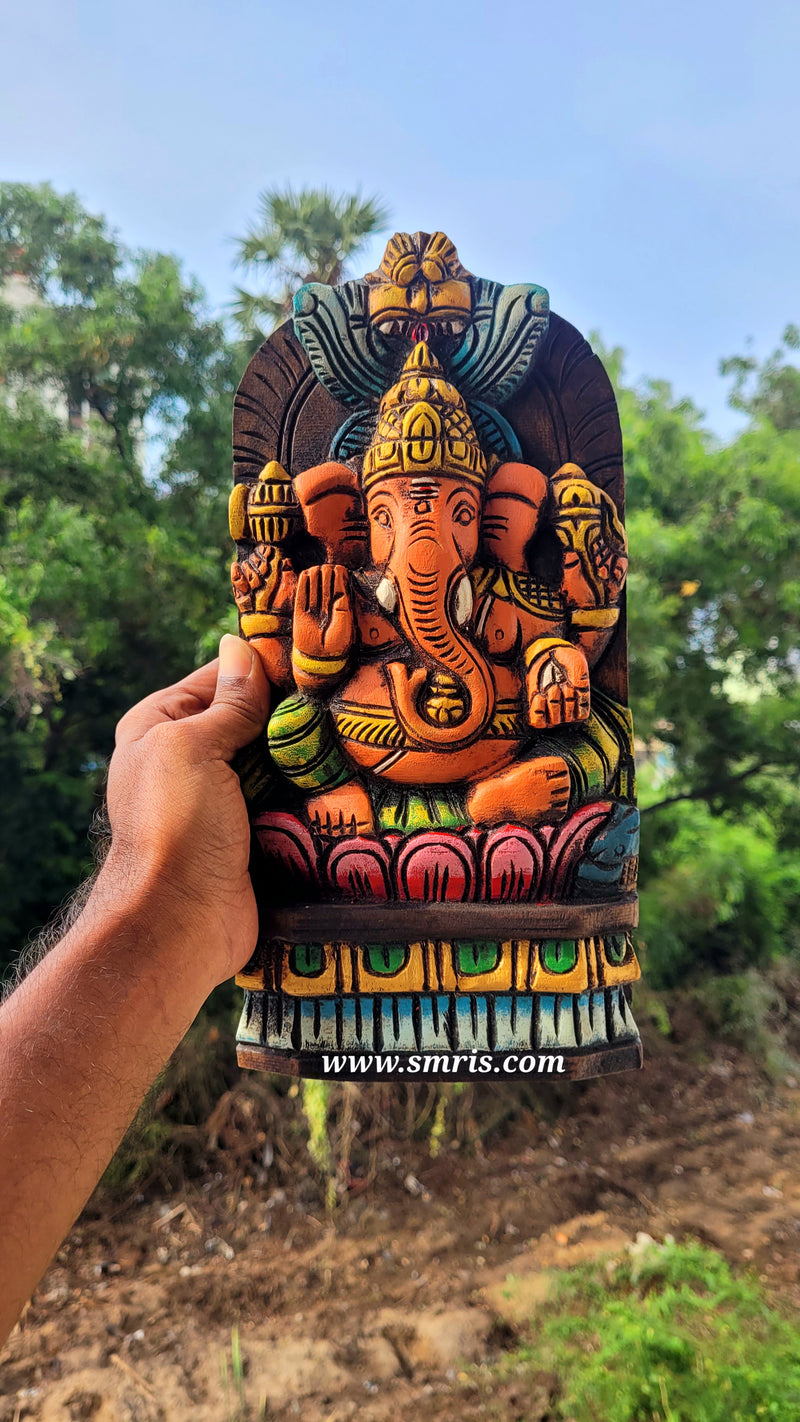 Lord Ganesha on Lotus Wall Panel Hanging Mahogany Wood Carving Decor Traditional Indian Handicrafts (12H x 6L x 2W Inches)
