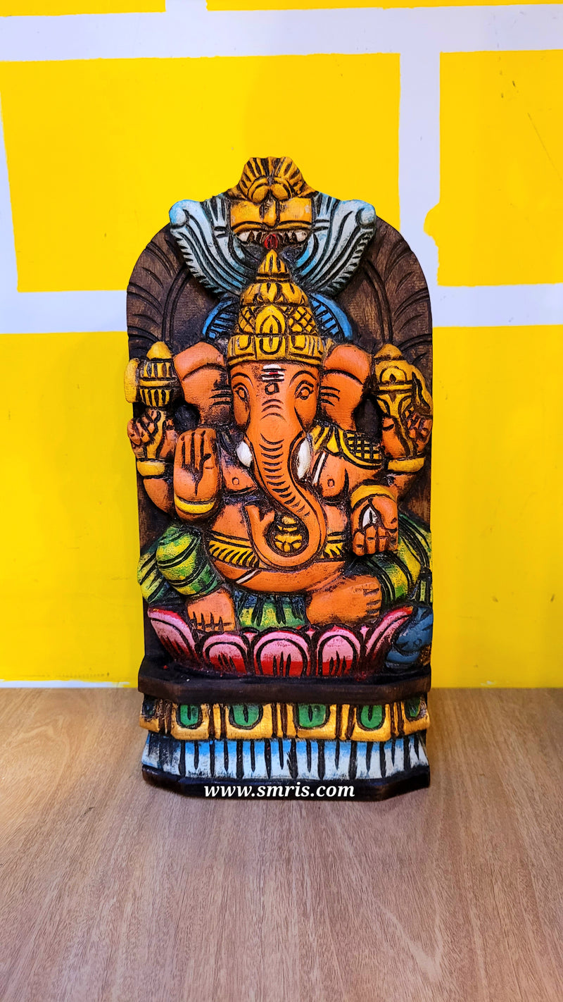 Lord Ganesha on Lotus Wall Panel Hanging Mahogany Wood Carving Decor Traditional Indian Handicrafts (12H x 6L x 2W Inches)