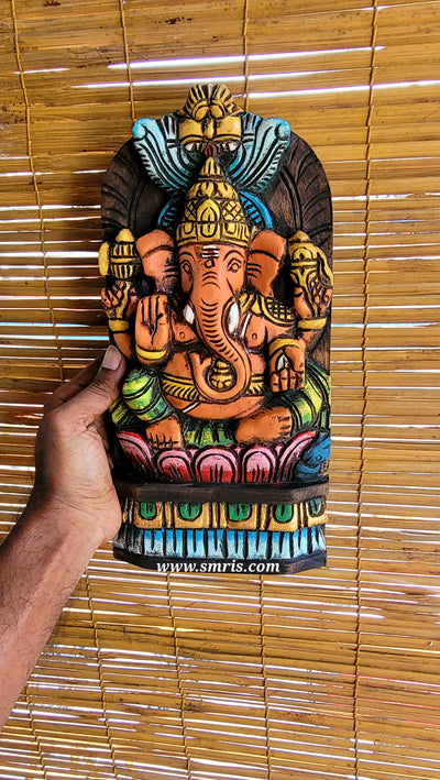 Lord Ganesha on Lotus Wall Panel Hanging Mahogany Wood Carving Decor Traditional Indian Handicrafts (12H x 6L x 2W Inches)
