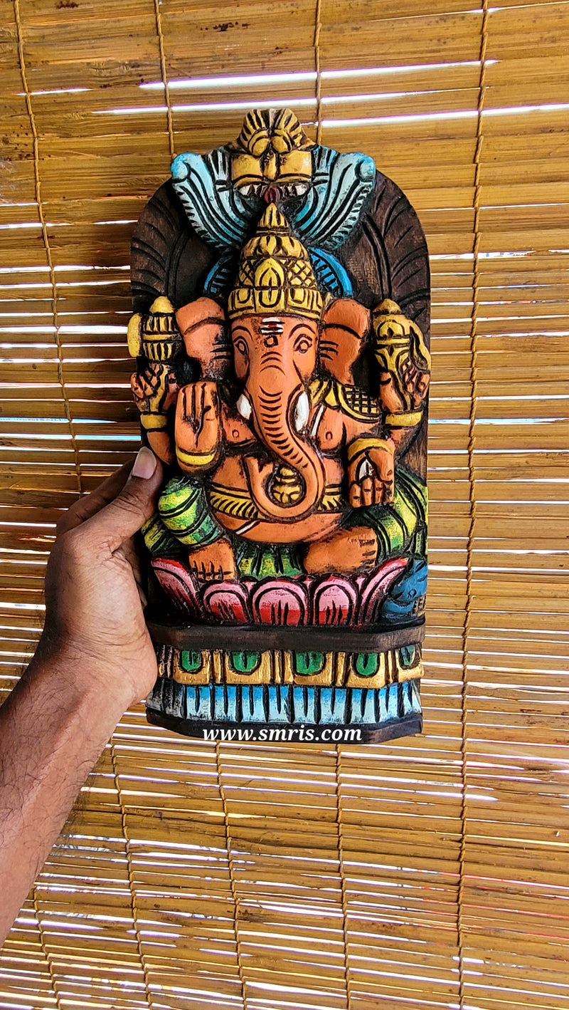 Lord Ganesha on Lotus Wall Panel Hanging Mahogany Wood Carving Decor Traditional Indian Handicrafts (12H x 6L x 2W Inches)