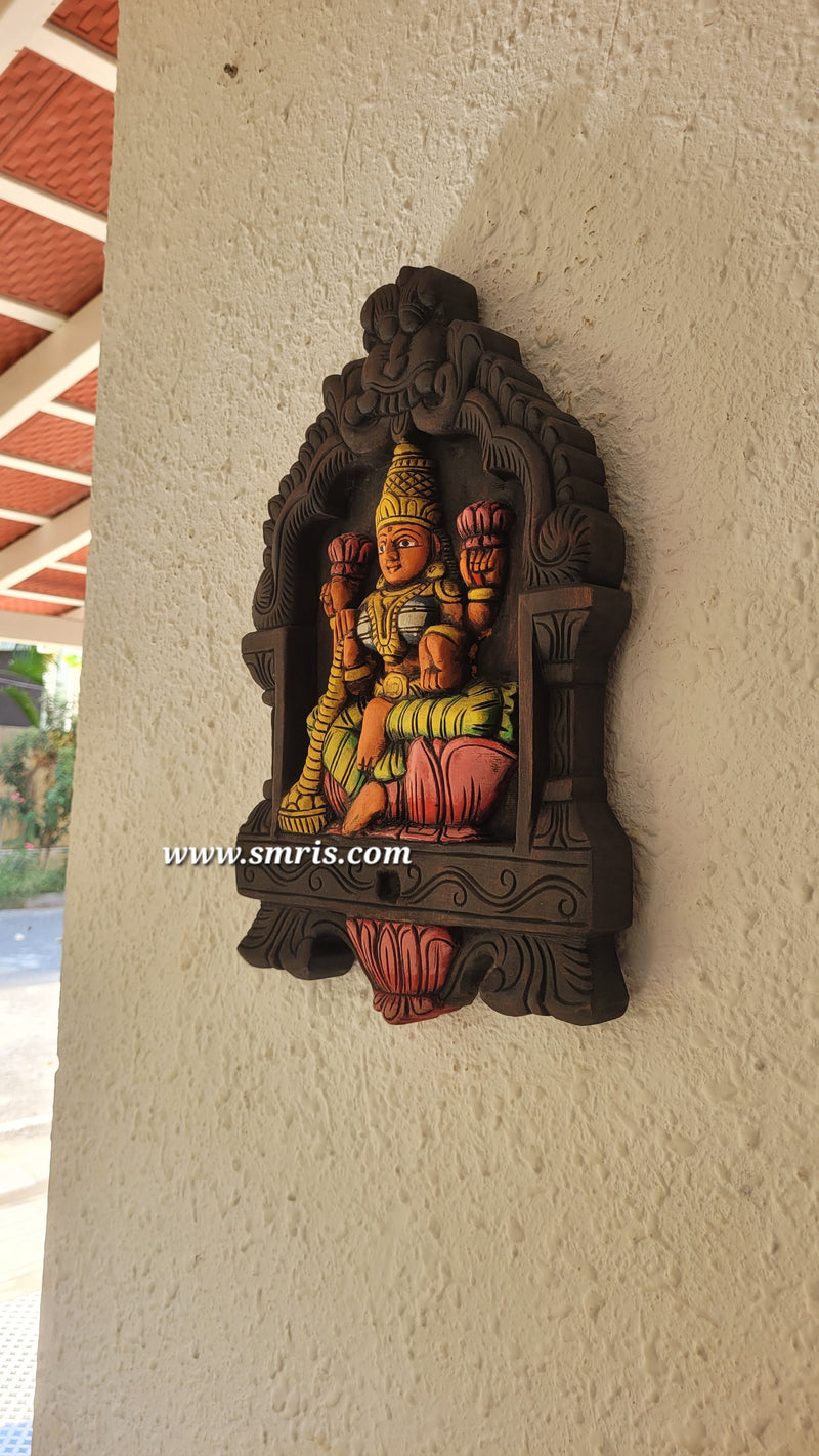 Goddess Lakshmi Wooden Kavadi Wall Panel Mahogany Wooden Carving Wall Frame Hanging Decor Traditional Chettinad Indian Handicrafts (18H x 11.5L x 2W Inches)