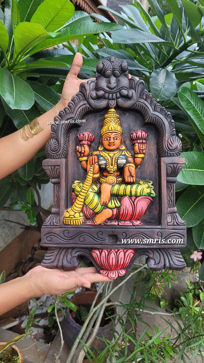 Goddess Lakshmi Wooden Kavadi Wall Panel Mahogany Wooden Carving Wall Frame Hanging Decor Traditional Chettinad Indian Handicrafts (18H x 11.5L x 2W Inches)