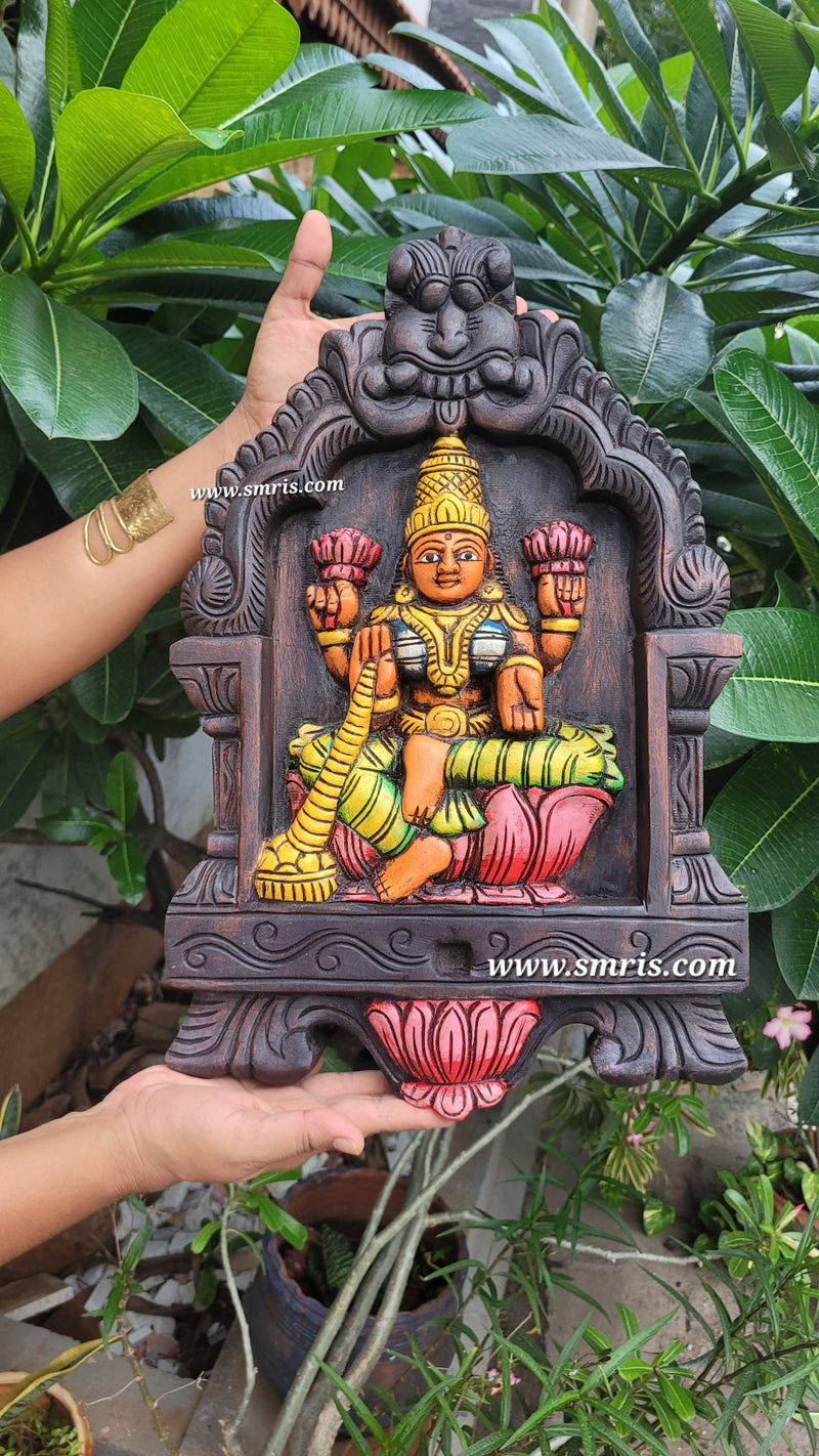 Goddess Lakshmi Wooden Kavadi Wall Panel Mahogany Wooden Carving Wall Frame Hanging Decor Traditional Chettinad Indian Handicrafts (18H x 11.5L x 2W Inches)