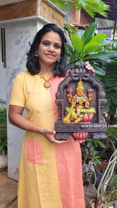 Goddess Lakshmi Wooden Kavadi Wall Panel Mahogany Wooden Carving Wall Frame Hanging Decor Traditional Chettinad Indian Handicrafts (18H x 11.5L x 2W Inches)