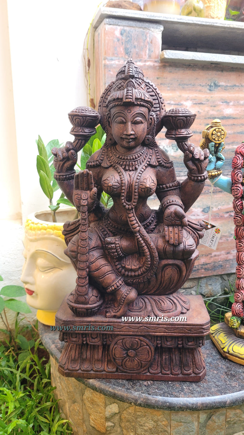 Goddess Lakshmi Wooden Statue Sculpture Idol Rosewood Colour 24 Inch Design 1 Vaagai Wooden Carving Pooja Idol Table Decor Traditional Chettinad Indian Handicrafts (24H x 12L x 4.5W Inches)