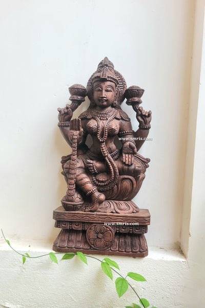 Goddess Lakshmi Wooden Statue Sculpture Idol Rosewood Colour 24 Inch Design 1 Vaagai Wooden Carving Pooja Idol Table Decor Traditional Chettinad Indian Handicrafts (24H x 12L x 4.5W Inches)