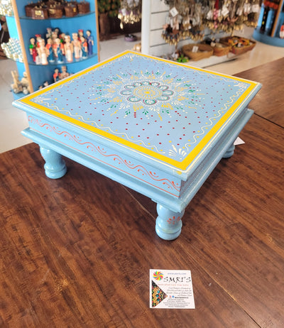 Wooden Pooja Manai Chowki Stool Sky Blue Big Design 1 Indian Handicrafts Home Decor Pooja Decor Foyer Decor (6H x 12L x 12W Inches)