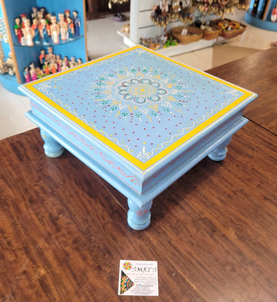 Wooden Pooja Manai Chowki Stool Sky Blue Big Design 1 Indian Handicrafts Home Decor Pooja Decor Foyer Decor (6H x 12L x 12W Inches)
