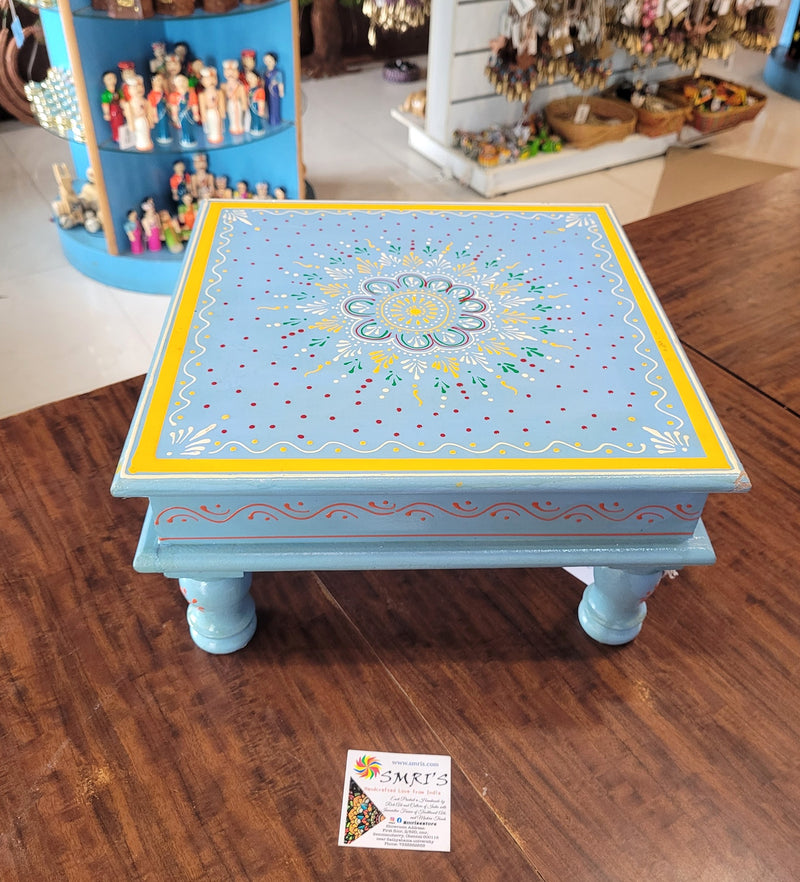 Wooden Pooja Manai Chowki Stool Sky Blue Big Design 1 Indian Handicrafts Home Decor Pooja Decor Foyer Decor (6H x 12L x 12W Inches)