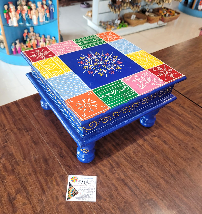 Wooden Pooja Manai Chowki Stool Blue with Multicolour Design 2 Indian Handicrafts Home Decor Pooja Decor Foyer Decor (6H x 10L x 10W Inches)