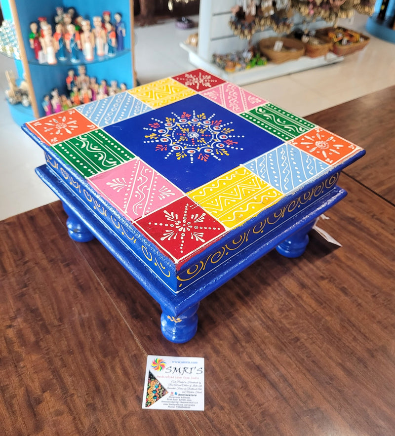 Wooden Pooja Manai Chowki Stool Blue with Multicolour Design 2 Indian Handicrafts Home Decor Pooja Decor Foyer Decor (6H x 10L x 10W Inches)