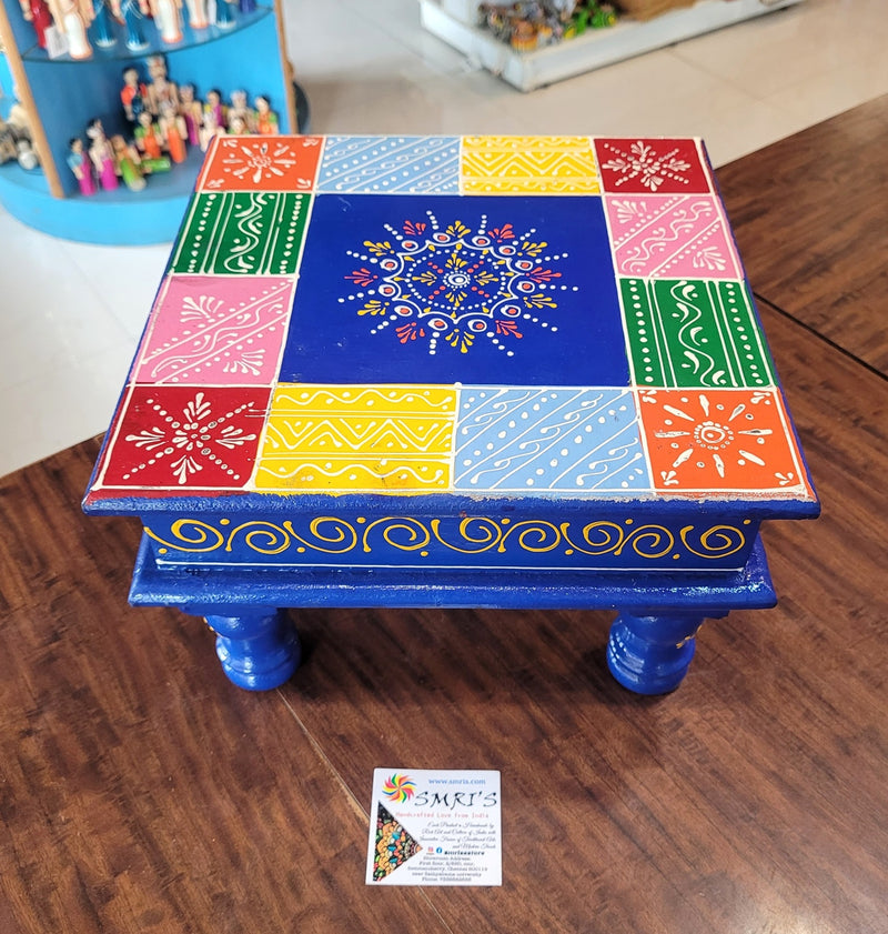 Wooden Pooja Manai Chowki Stool Blue with Multicolour Design 2 Indian Handicrafts Home Decor Pooja Decor Foyer Decor (6H x 10L x 10W Inches)