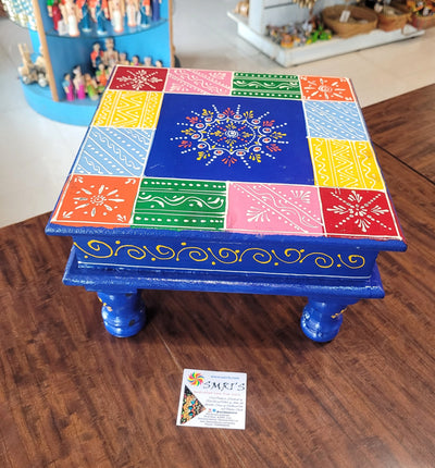 Wooden Pooja Manai Chowki Stool Blue with Multicolour Design 2 Indian Handicrafts Home Decor Pooja Decor Foyer Decor (6H x 10L x 10W Inches)