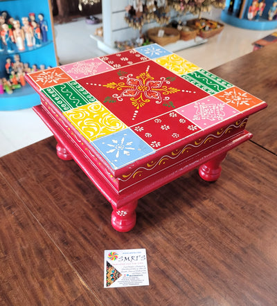 Wooden Pooja Manai Chowki Stool Red with Multicolour Design 3 Indian Handicrafts Home Decor Pooja Decor Foyer Decor (6H x 10L x 10W Inches)