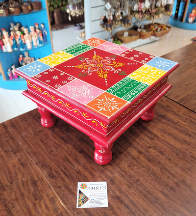 Wooden Pooja Manai Chowki Stool Red with Multicolour Design 3 Indian Handicrafts Home Decor Pooja Decor Foyer Decor (6H x 10L x 10W Inches)