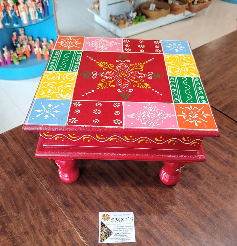 Wooden Pooja Manai Chowki Stool Red with Multicolour Design 3 Indian Handicrafts Home Decor Pooja Decor Foyer Decor (6H x 10L x 10W Inches)