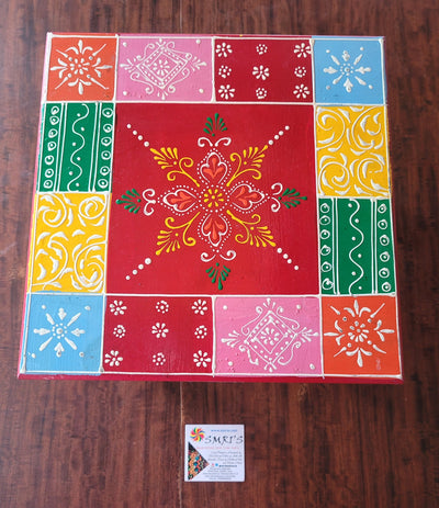 Wooden Pooja Manai Chowki Stool Red with Multicolour Design 3 Indian Handicrafts Home Decor Pooja Decor Foyer Decor (6H x 10L x 10W Inches)