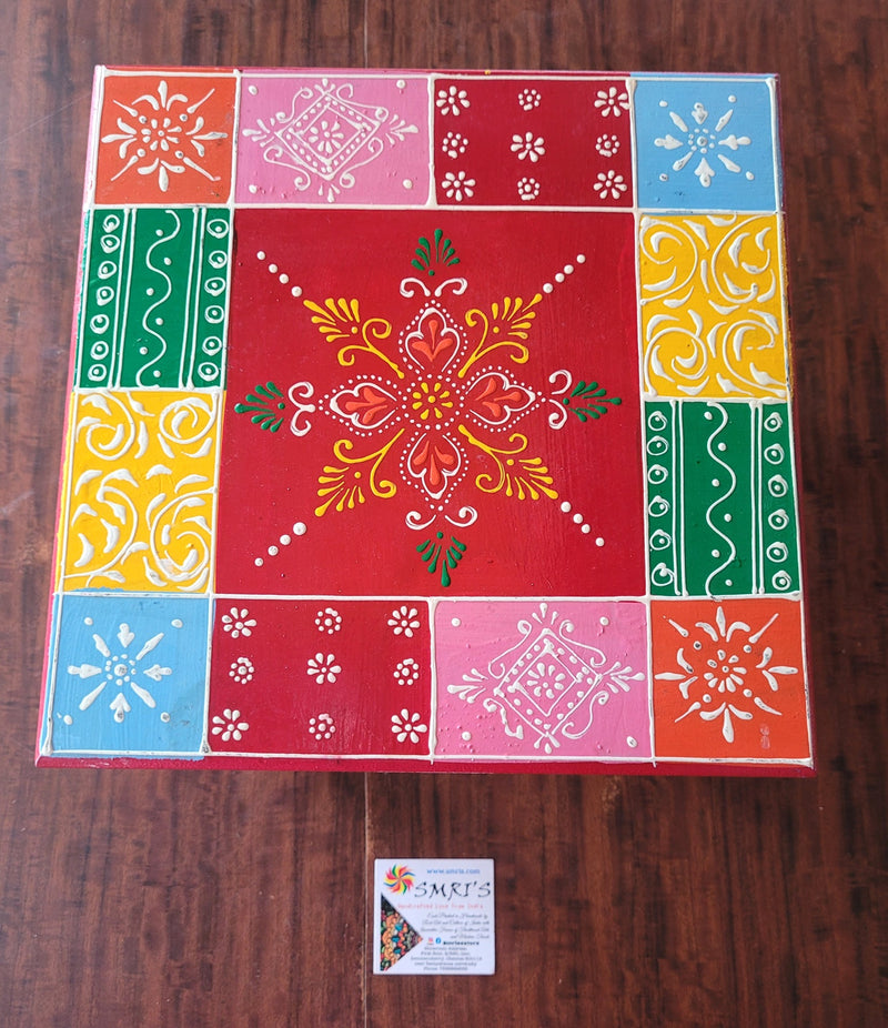 Wooden Pooja Manai Chowki Stool Red with Multicolour Design 3 Indian Handicrafts Home Decor Pooja Decor Foyer Decor (6H x 10L x 10W Inches)