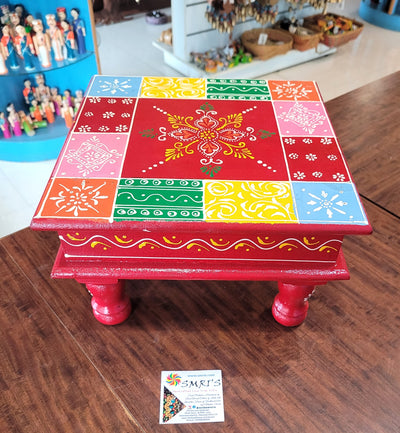 Wooden Pooja Manai Chowki Stool Red with Multicolour Design 3 Indian Handicrafts Home Decor Pooja Decor Foyer Decor (6H x 10L x 10W Inches)