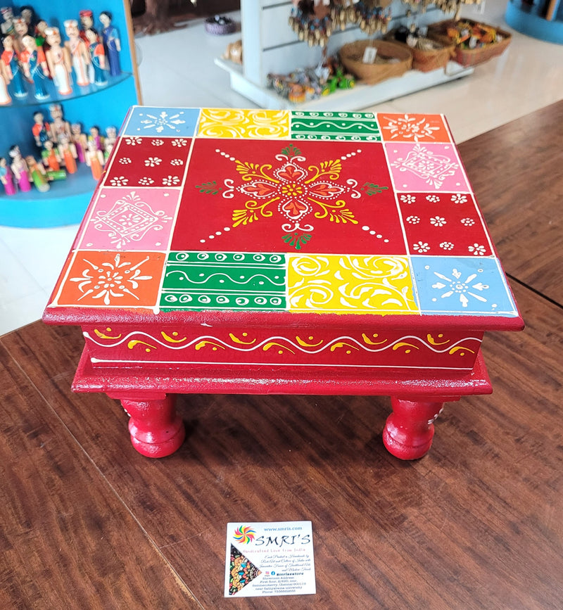 Wooden Pooja Manai Chowki Stool Red with Multicolour Design 3 Indian Handicrafts Home Decor Pooja Decor Foyer Decor (6H x 10L x 10W Inches)