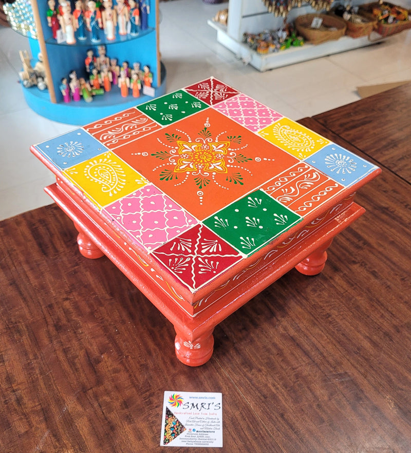 Wooden Pooja Manai Chowki Stool Orange with Multicolour Design 4 Indian Handicrafts Home Decor Pooja Decor Foyer Decor (6H x 10L x 10W Inches)